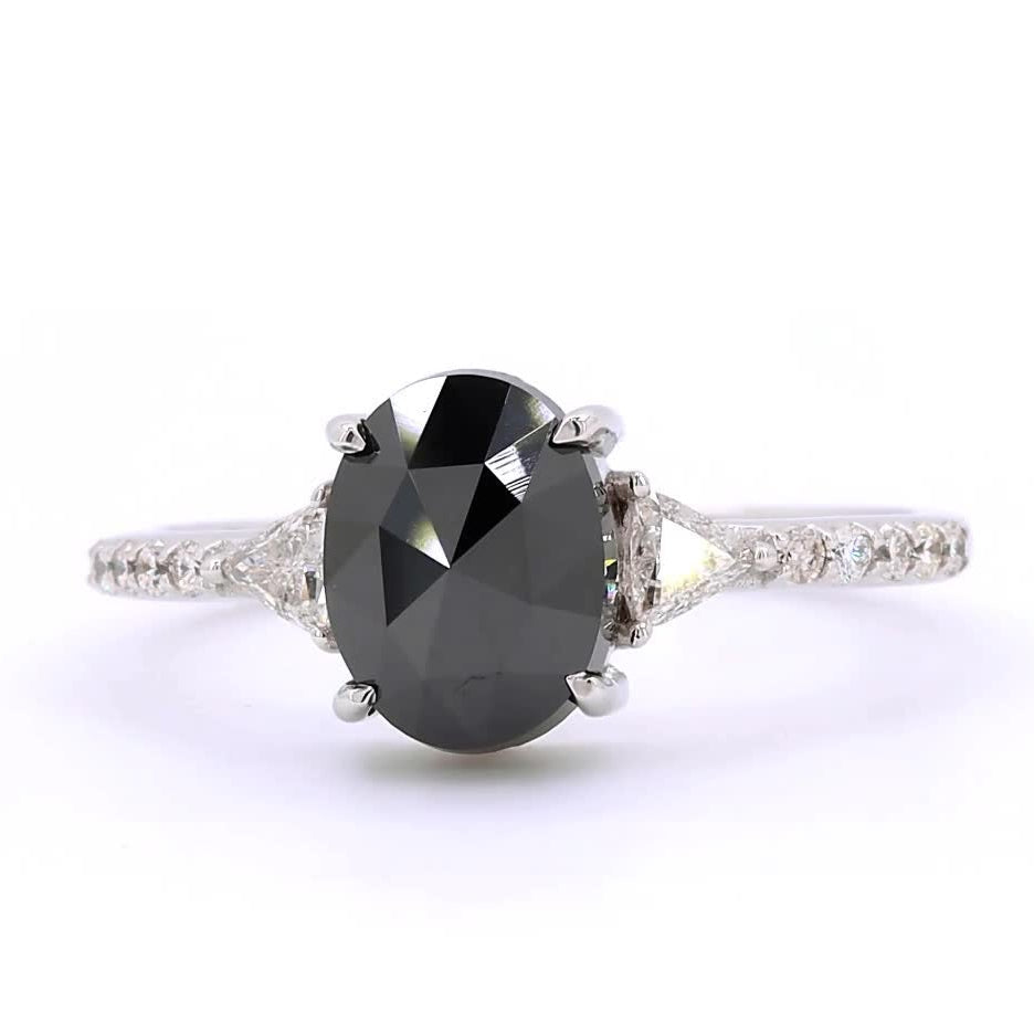 Black Diamond Ring, 14K Gold Engagement Ring, Natural Oval Triangle Diamond Ring, Gift for Her