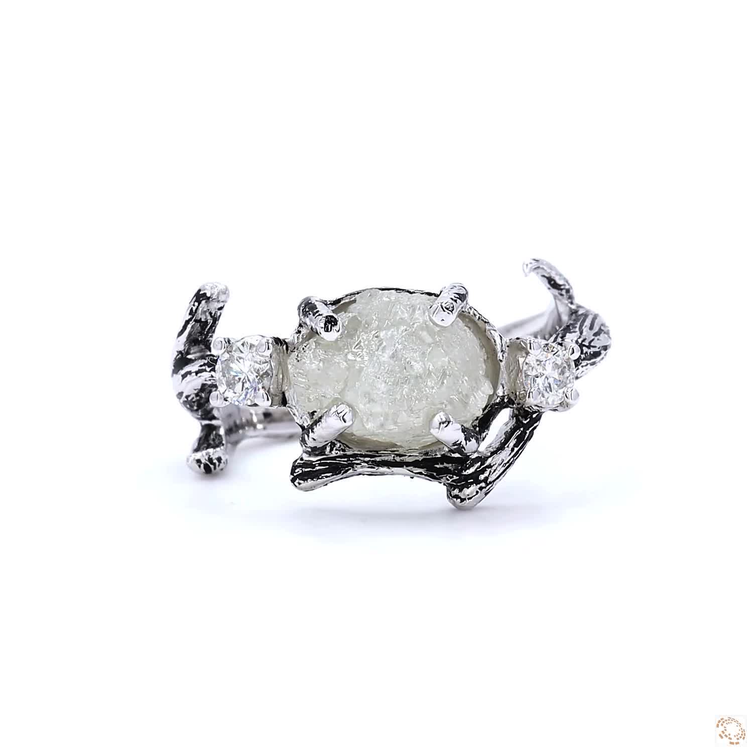 Snow White Raw Diamond Ring 14K Gold Engagement Ring, Natural Rough Twing Diamond Ring, Handmade Gift for Her