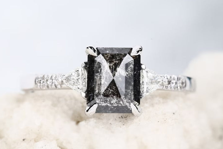 Salt and Pepper Emerald Diamond Ring, 14k Gold Engagement Ring, Natural Triangle Diamond Ring, Gift for Her