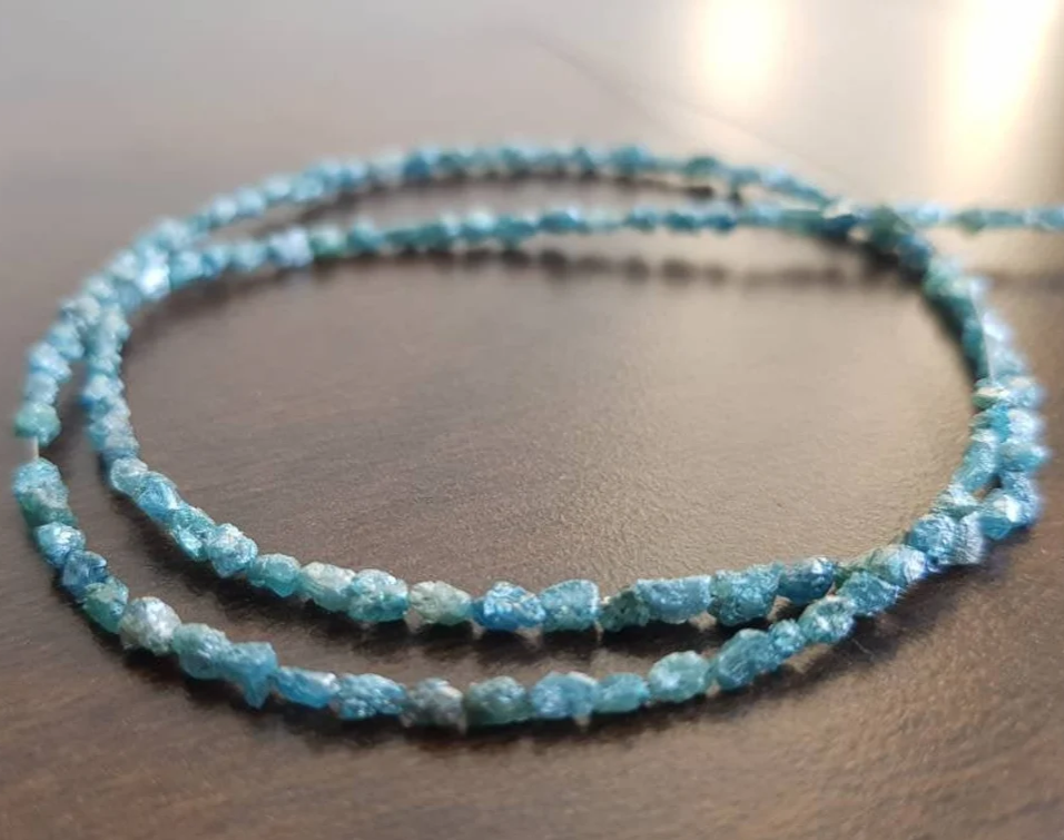 Natural Blue Long Drilled Rough Diamonds, 20.00 Carat Raw Uncut Loose Diamonds Beads 16" Strand Necklace wt Silver Clasp
