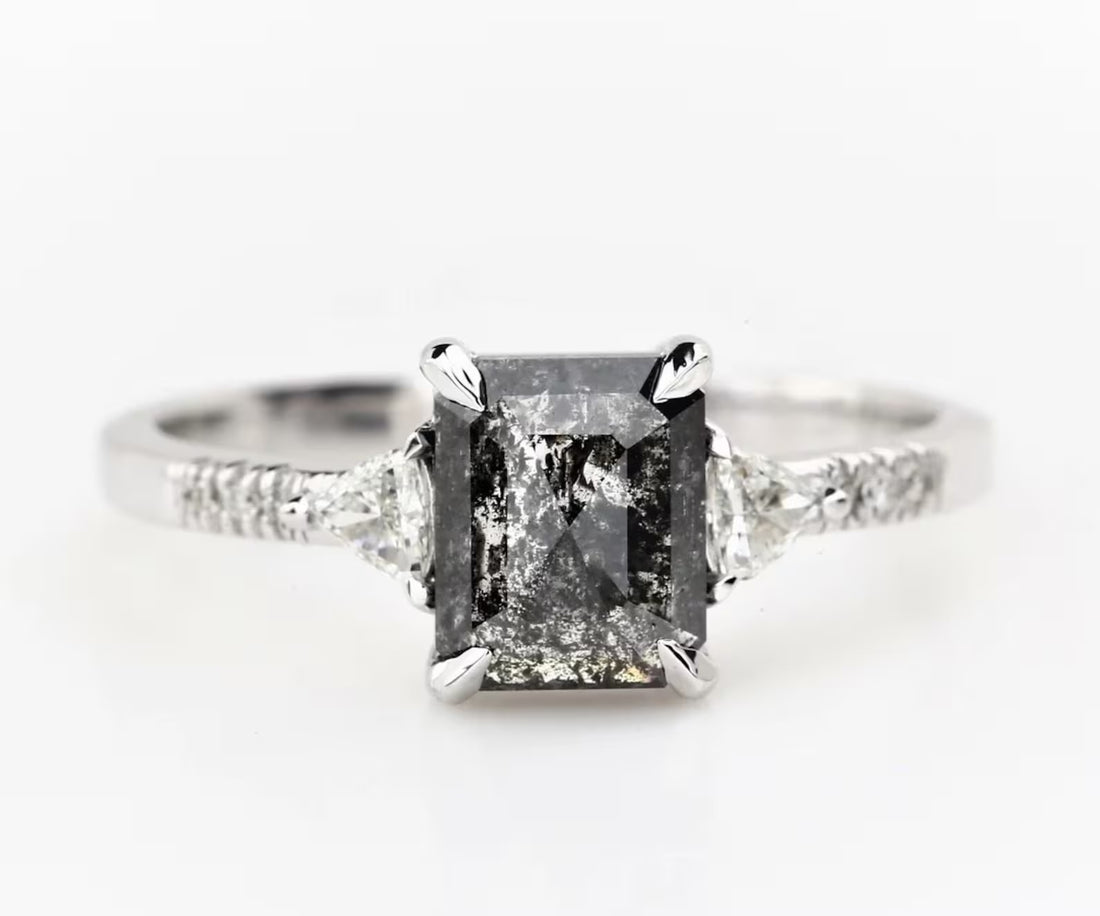 Salt and Pepper Emerald Diamond Ring, 14k Gold Engagement Ring, Natural Triangle Diamond Ring, Gift for Her
