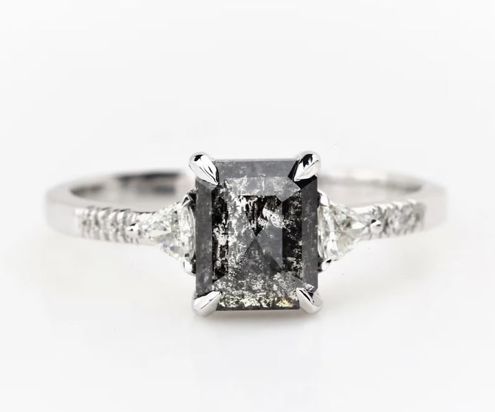 Salt and Pepper Emerald Diamond Ring, 14k Gold Engagement Ring, Natural Triangle Diamond Ring, Gift for Her