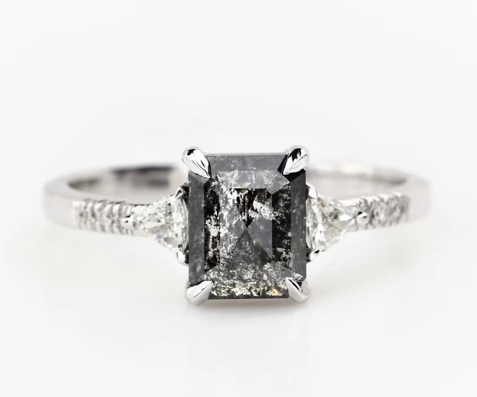 Salt and Pepper Emerald Diamond Ring, 14k Gold Engagement Ring, Natural Triangle Diamond Ring, Gift for Her