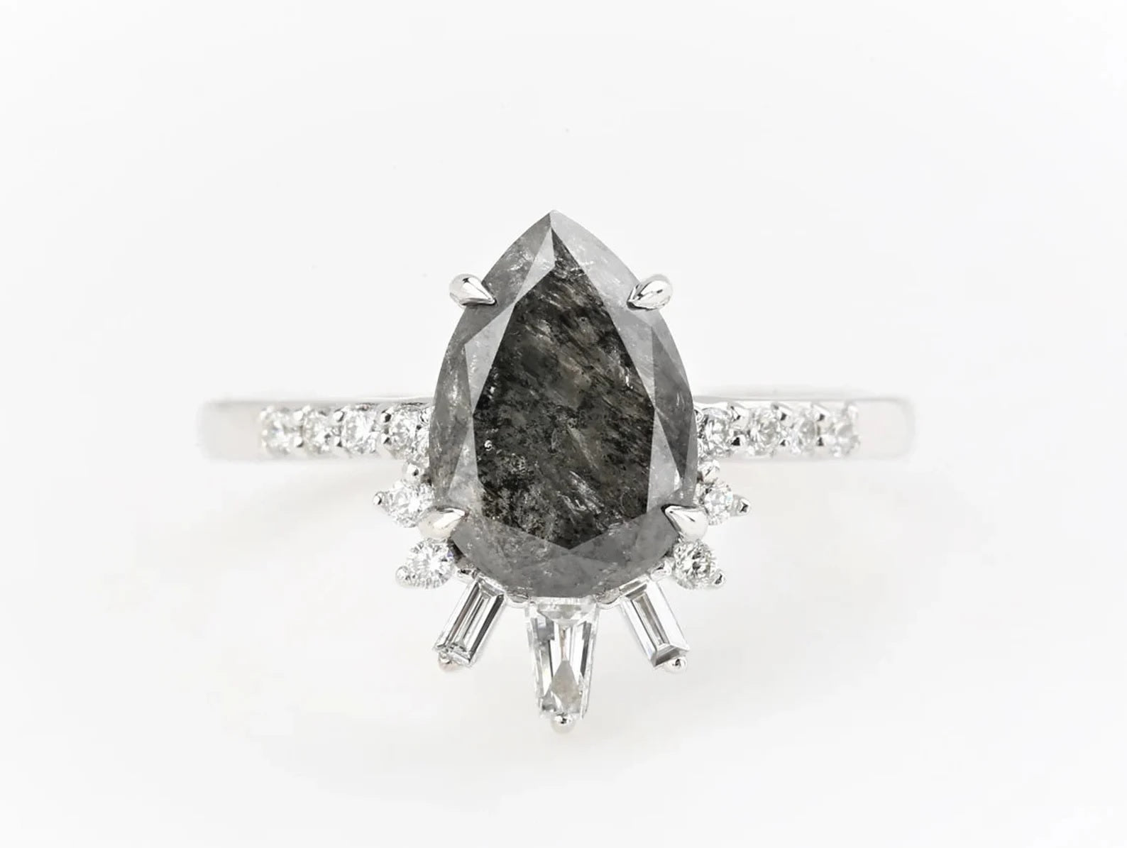 Salt and Pepper Diamond Ring 14K Gold Engagement Ring, Natural Pear Gray Diamond Ring, Christmas Gift for Her
