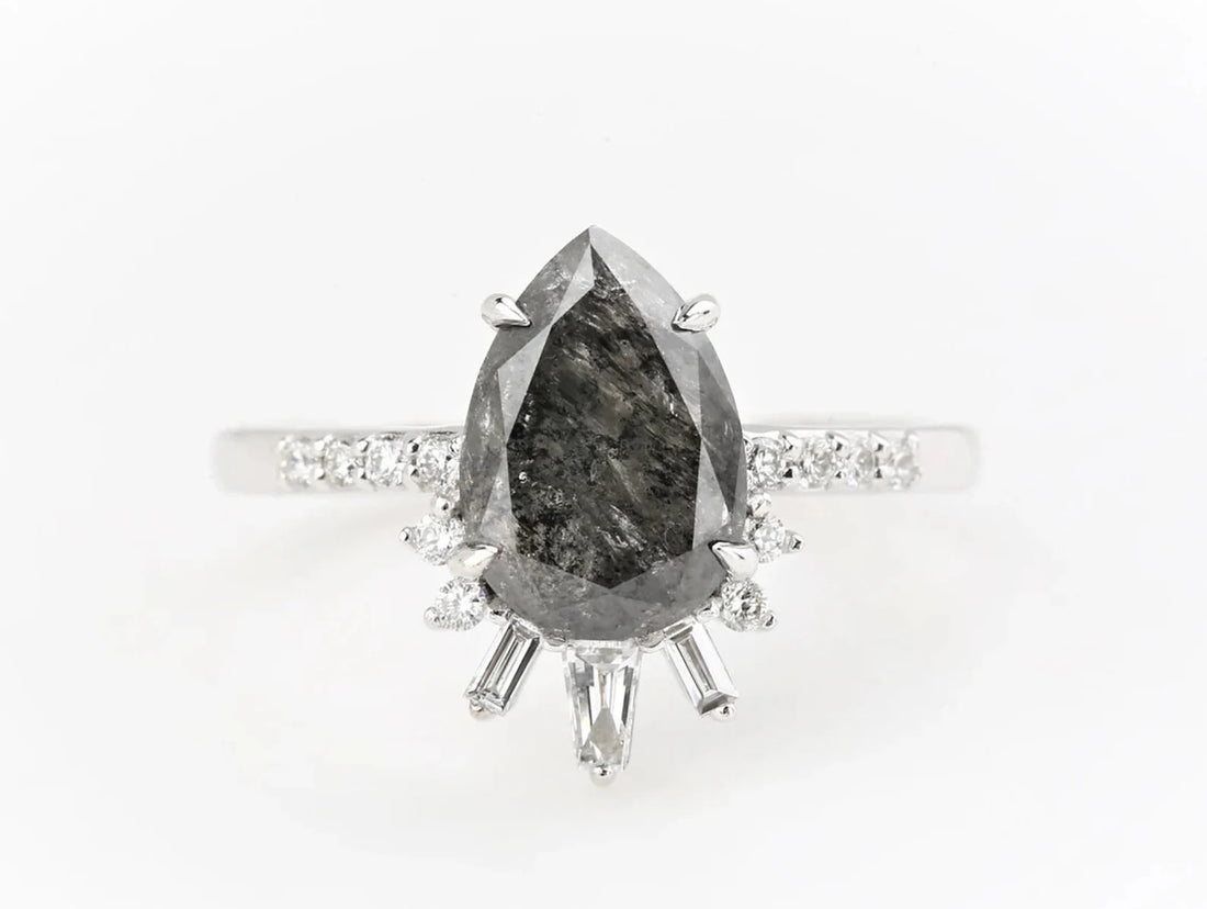 Salt and Pepper Diamond Ring 14K Gold Engagement Ring, Natural Pear Gray Diamond Ring, Christmas Gift for Her