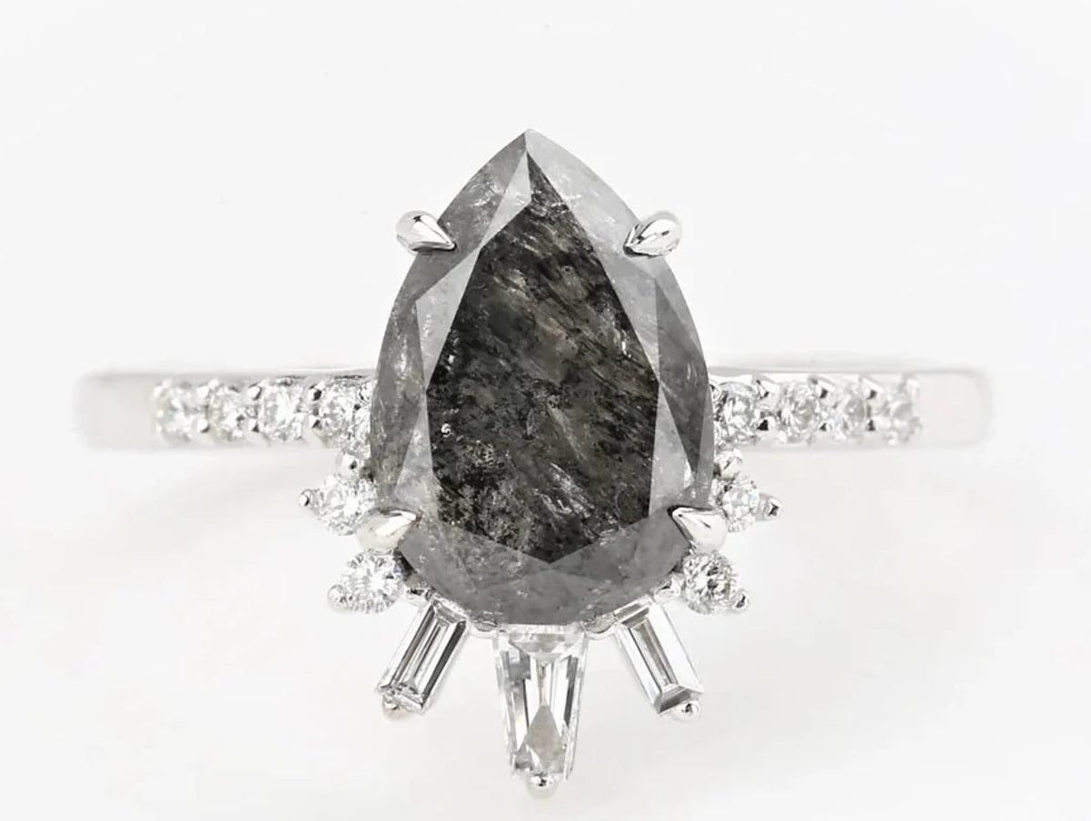 Salt and Pepper Diamond Ring 14K Gold Engagement Ring, Natural Pear Gray Diamond Ring, Christmas Gift for Her
