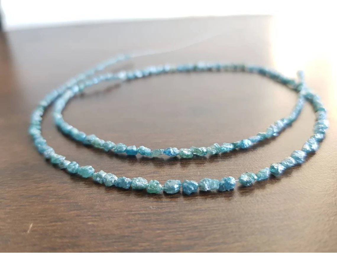 Natural Blue Long Drilled Rough Diamonds, 20.00 Carat Raw Uncut Loose Diamonds Beads 16" Strand Necklace wt Silver Clasp