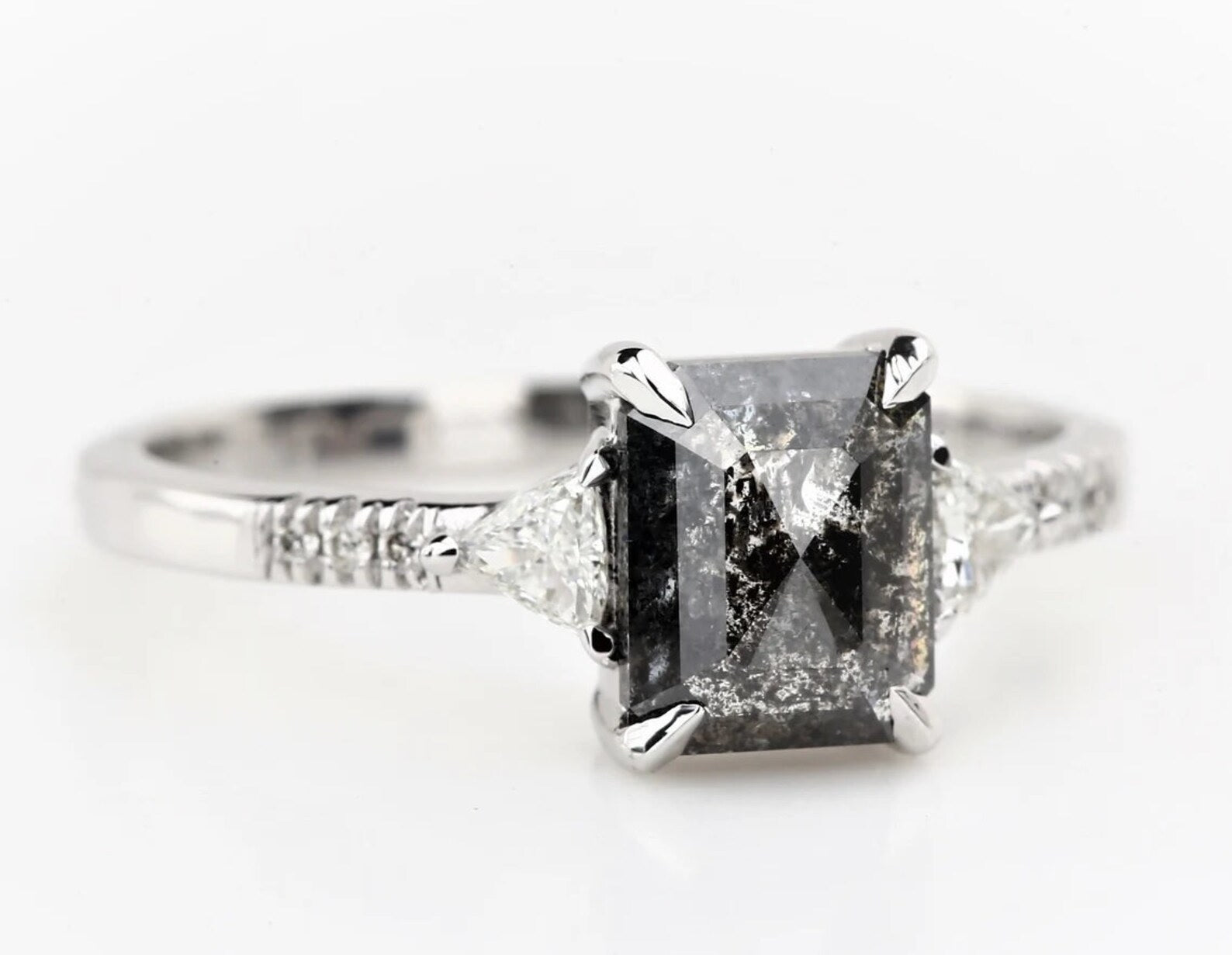 Salt and Pepper Emerald Diamond Ring, 14k Gold Engagement Ring, Natural Triangle Diamond Ring, Gift for Her