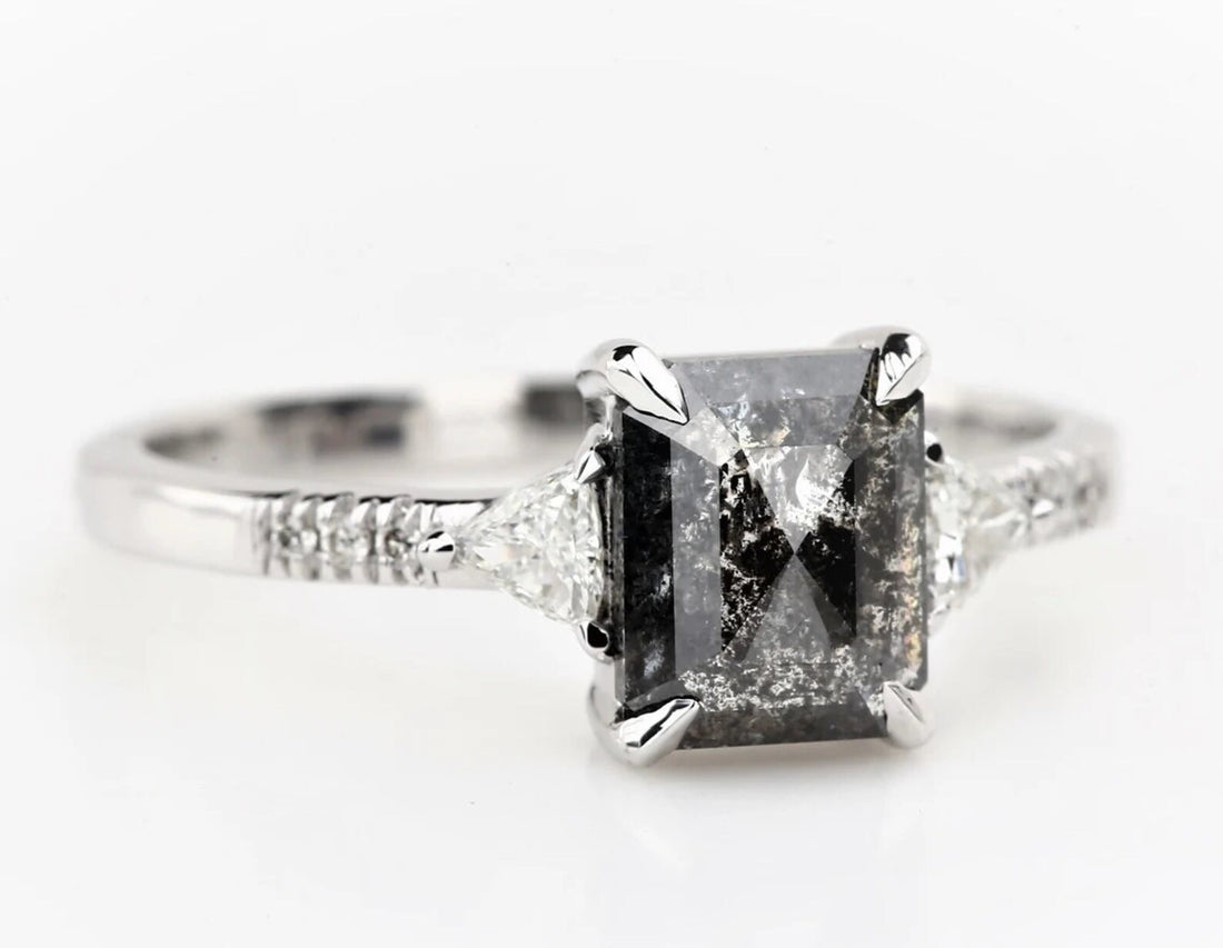 Salt and Pepper Emerald Diamond Ring, 14k Gold Engagement Ring, Natural Triangle Diamond Ring, Gift for Her