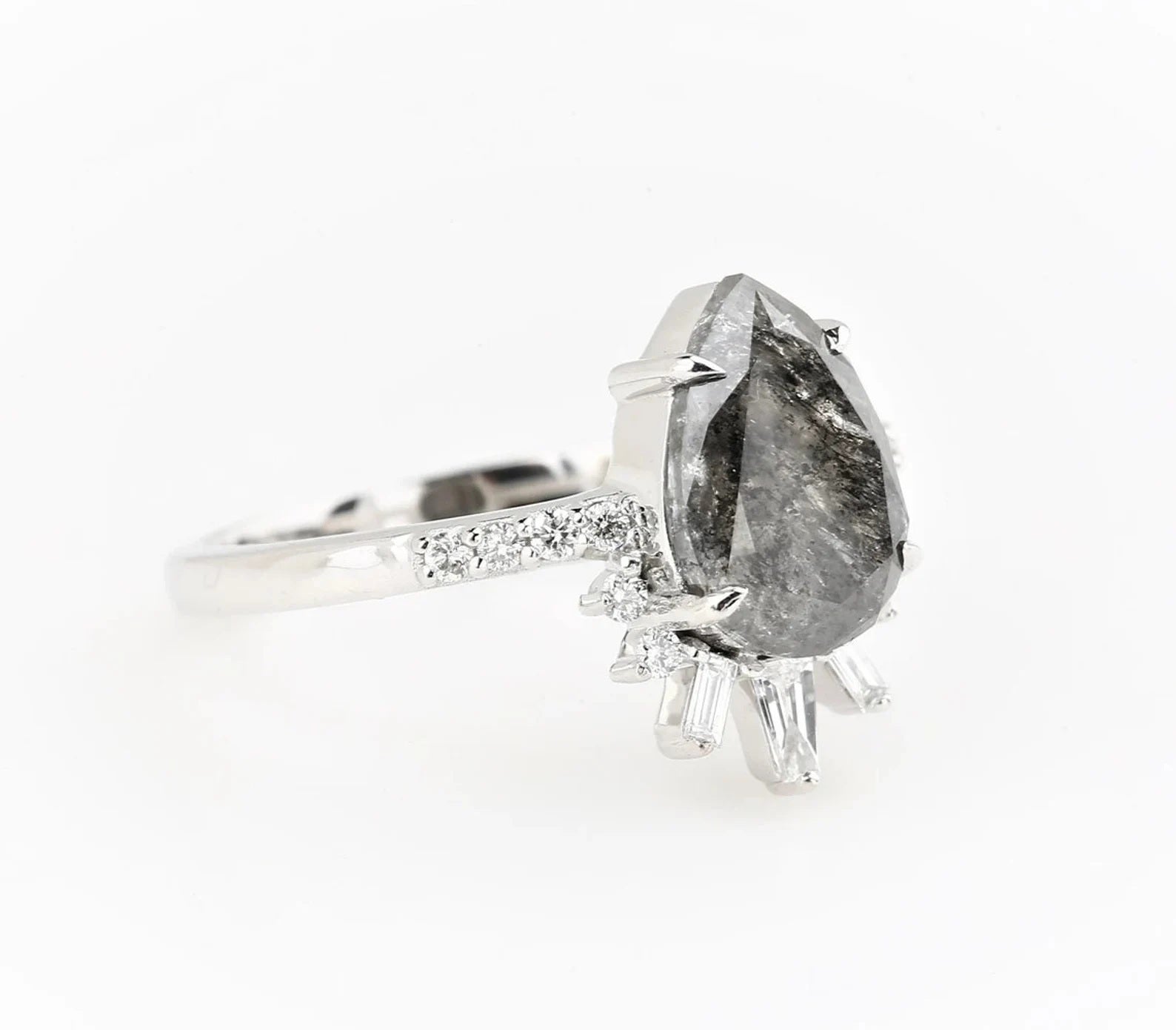 Salt and Pepper Diamond Ring 14K Gold Engagement Ring, Natural Pear Gray Diamond Ring, Christmas Gift for Her