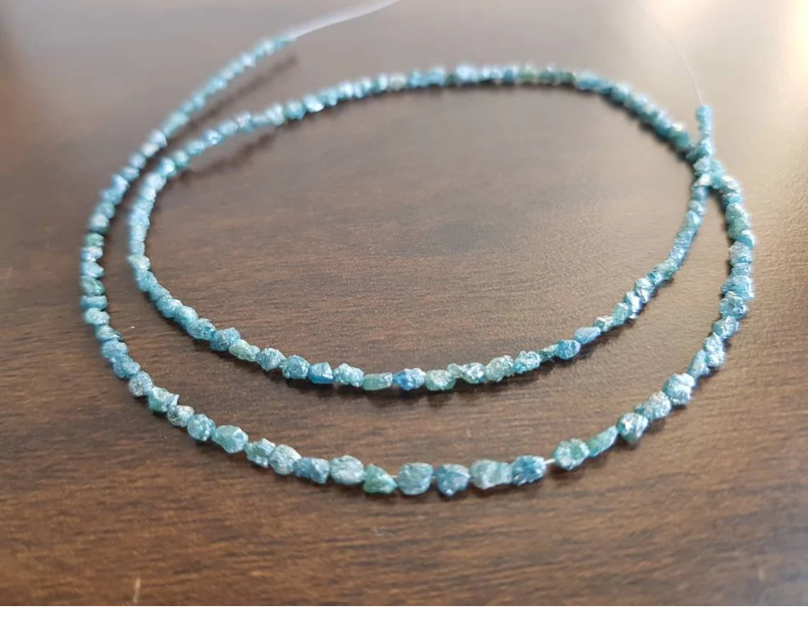 Natural Blue Long Drilled Rough Diamonds, 20.00 Carat Raw Uncut Loose Diamonds Beads 16" Strand Necklace wt Silver Clasp