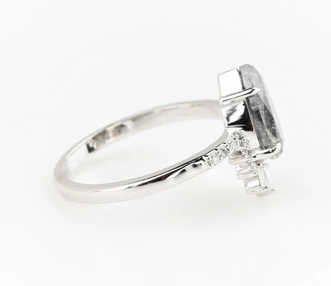 Salt and Pepper Diamond Ring 14K Gold Engagement Ring, Natural Pear Gray Diamond Ring, Christmas Gift for Her