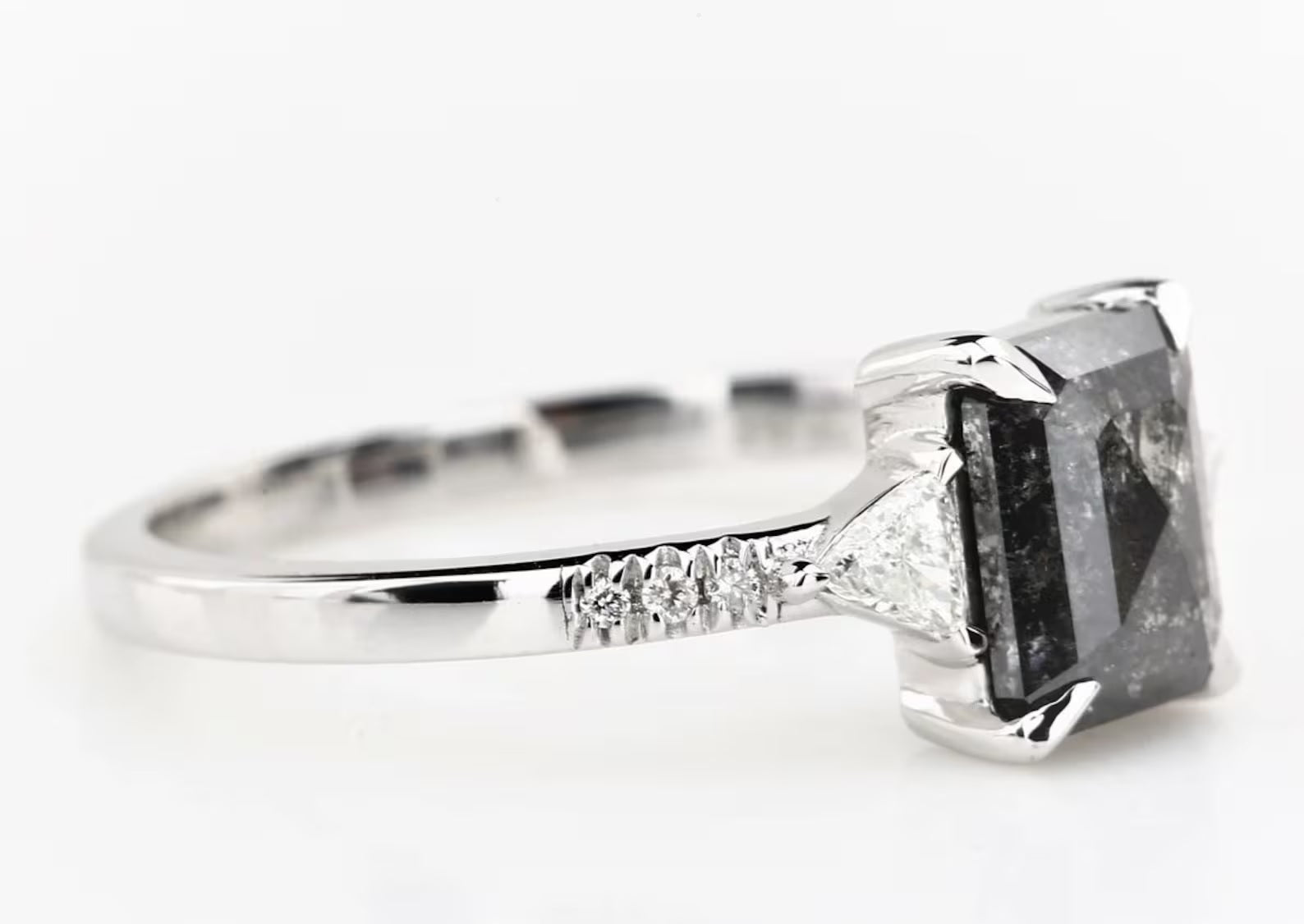 Salt and Pepper Emerald Diamond Ring, 14k Gold Engagement Ring, Natural Triangle Diamond Ring, Gift for Her
