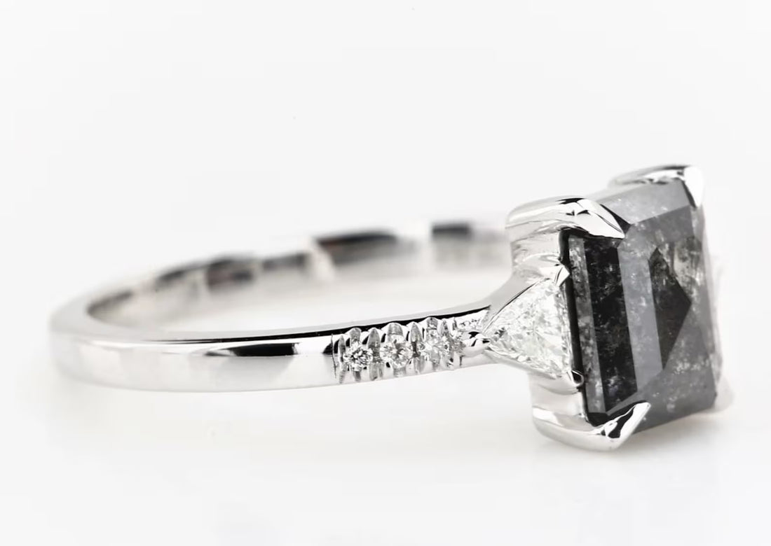 Salt and Pepper Emerald Diamond Ring, 14k Gold Engagement Ring, Natural Triangle Diamond Ring, Gift for Her
