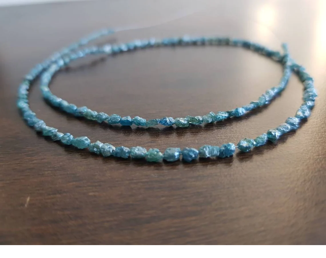 Natural Blue Long Drilled Rough Diamonds, 20.00 Carat Raw Uncut Loose Diamonds Beads 16" Strand Necklace wt Silver Clasp