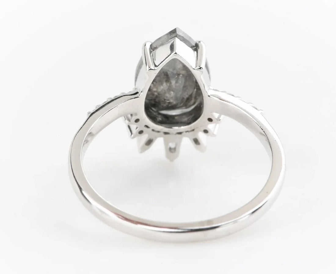 Salt and Pepper Diamond Ring 14K Gold Engagement Ring, Natural Pear Gray Diamond Ring, Christmas Gift for Her