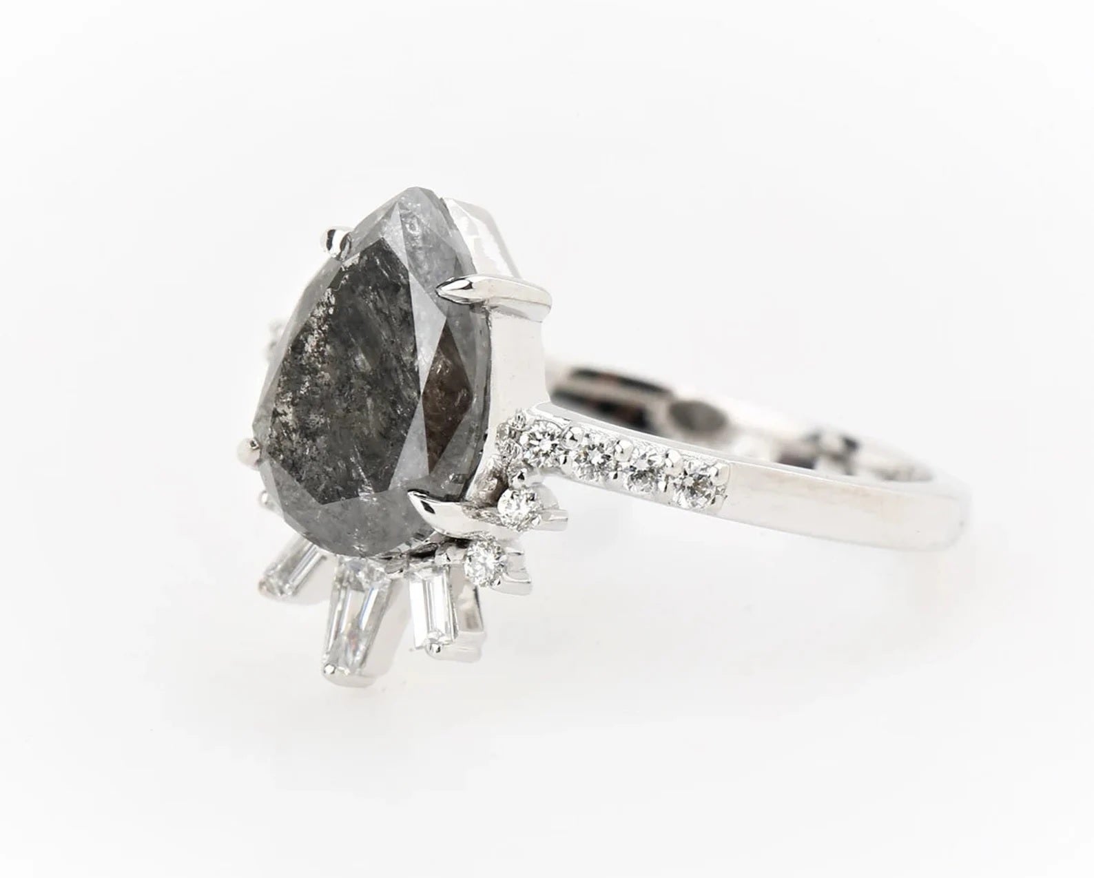 Salt and Pepper Diamond Ring 14K Gold Engagement Ring, Natural Pear Gray Diamond Ring, Christmas Gift for Her