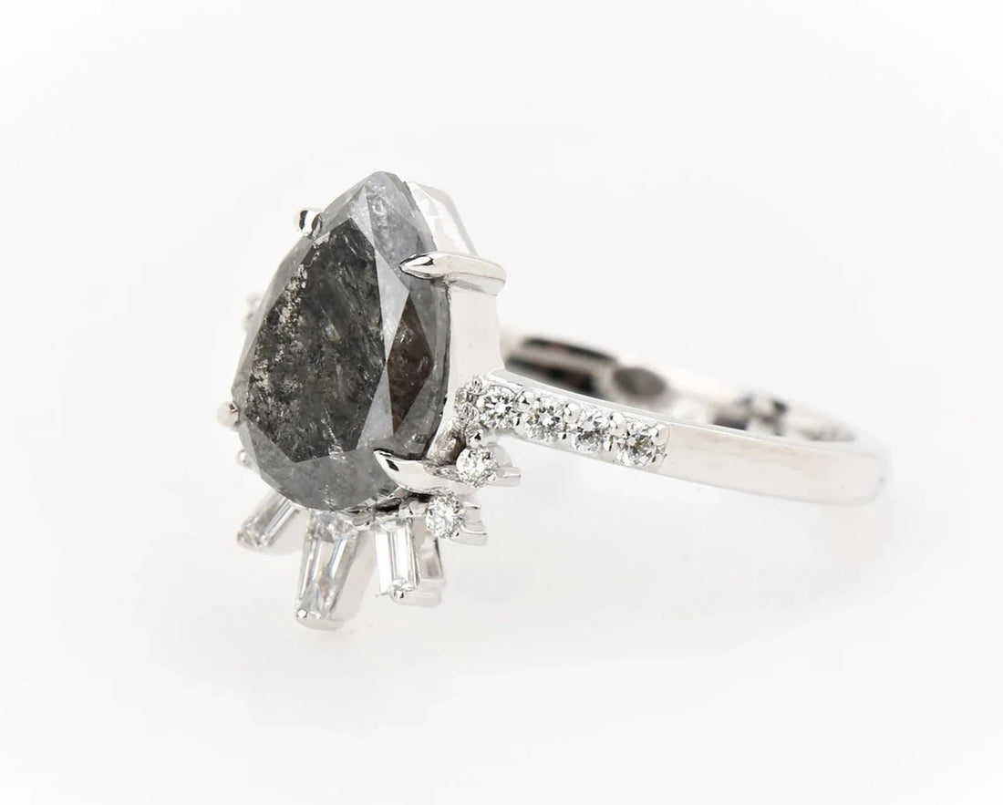 Salt and Pepper Diamond Ring 14K Gold Engagement Ring, Natural Pear Gray Diamond Ring, Christmas Gift for Her
