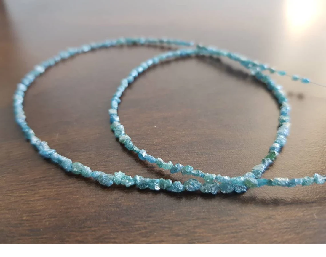 15.00 Cts Natural Blue Long Drilled Rough Loose Diamonds Beads 16" Strand Necklace wt Silver Clasp