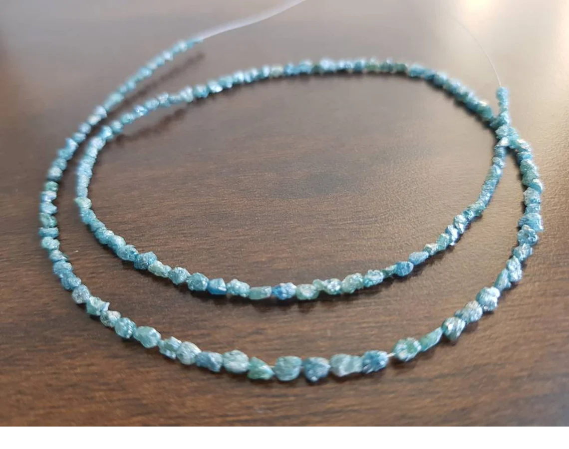 Natural Blue Long Drilled Rough Diamonds, 20.00 Carat Raw Uncut Loose Diamonds Beads 16" Strand Necklace wt Silver Clasp