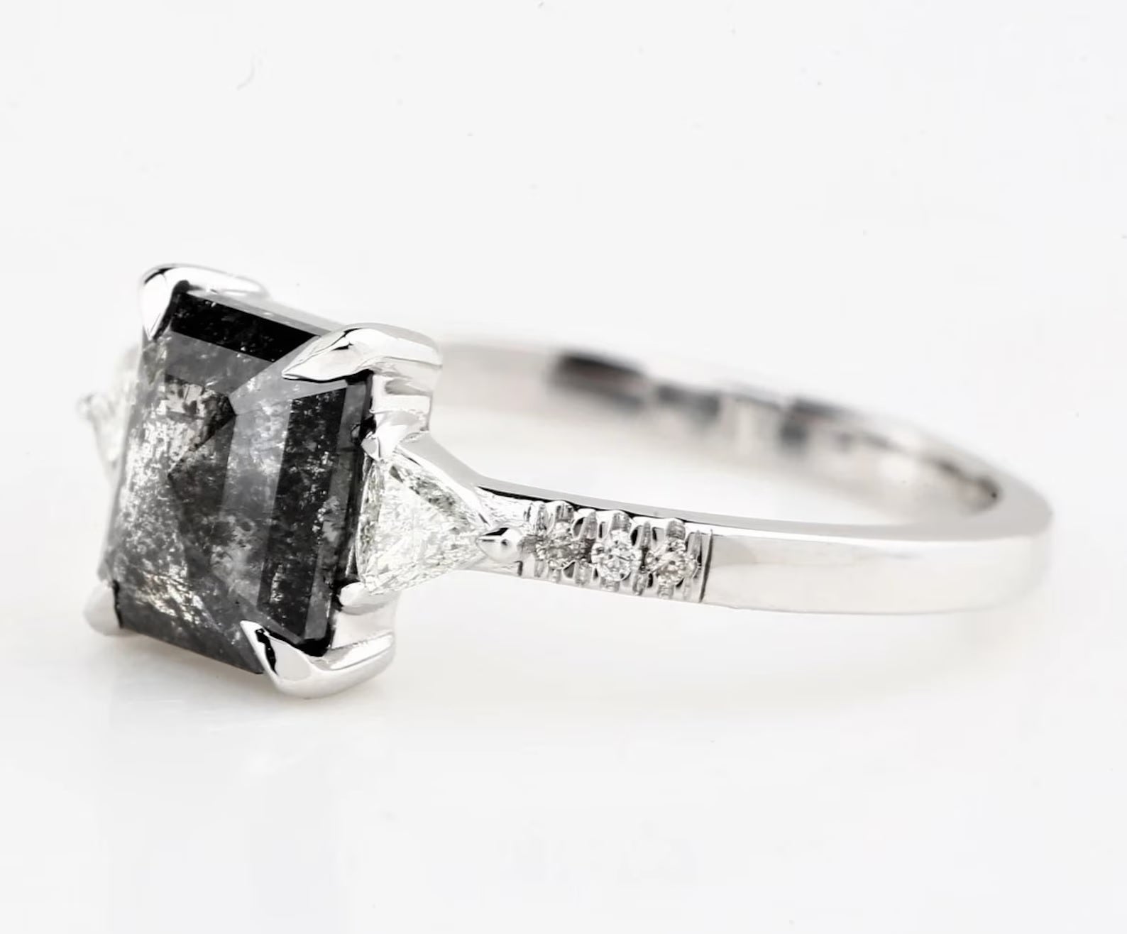 Salt and Pepper Emerald Diamond Ring, 14k Gold Engagement Ring, Natural Triangle Diamond Ring, Gift for Her