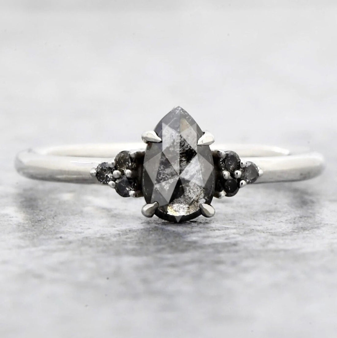 Salt and Pepper Diamond Ring, 14K Gold Engagement Ring, Natural Pear Gray Diamond Ring, Gift for Her