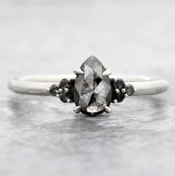 Salt and Pepper Diamond Ring, 14K Gold Engagement Ring, Natural Pear Gray Diamond Ring, Gift for Her