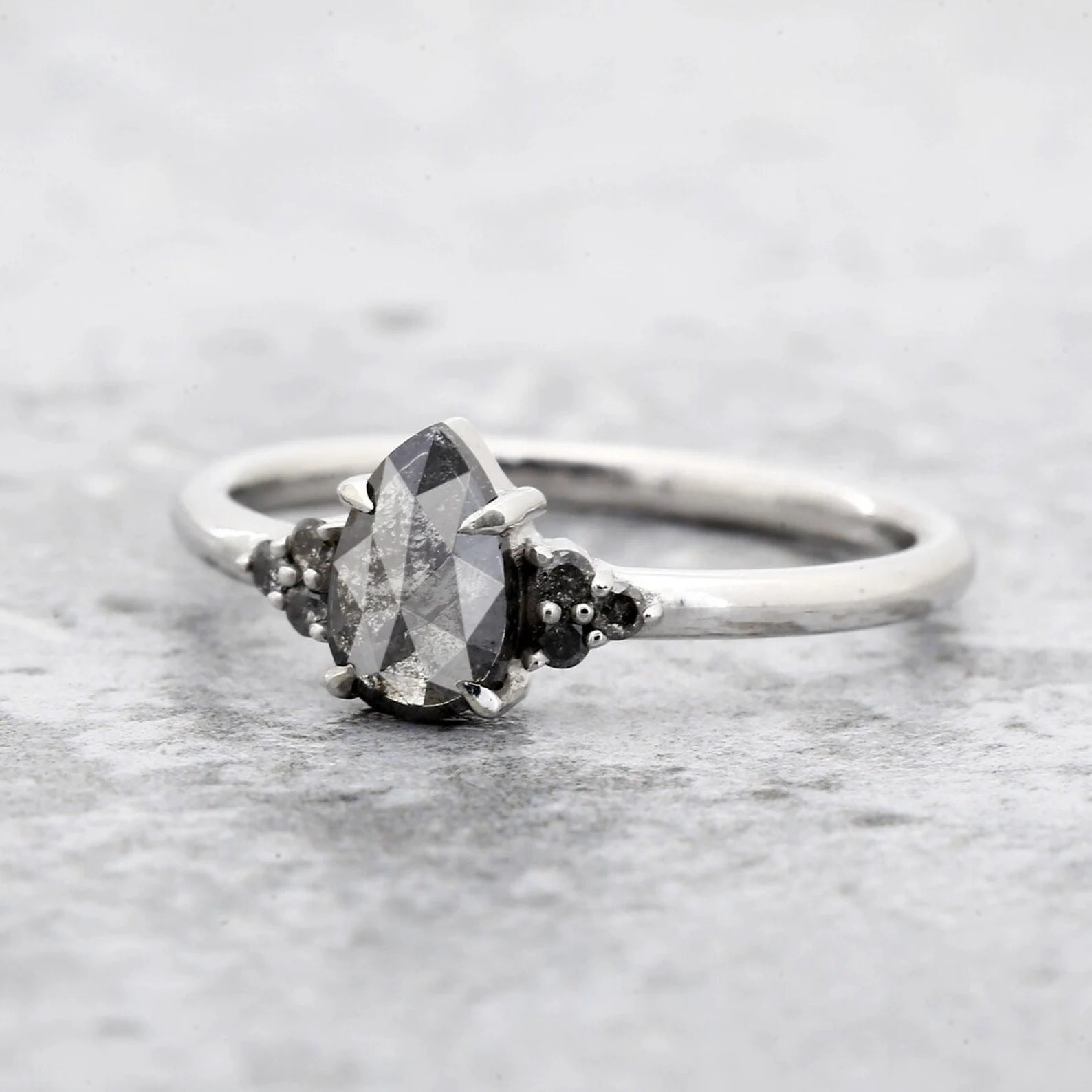 Salt and Pepper Diamond Ring, 14K Gold Engagement Ring, Natural Pear Gray Diamond Ring, Gift for Her