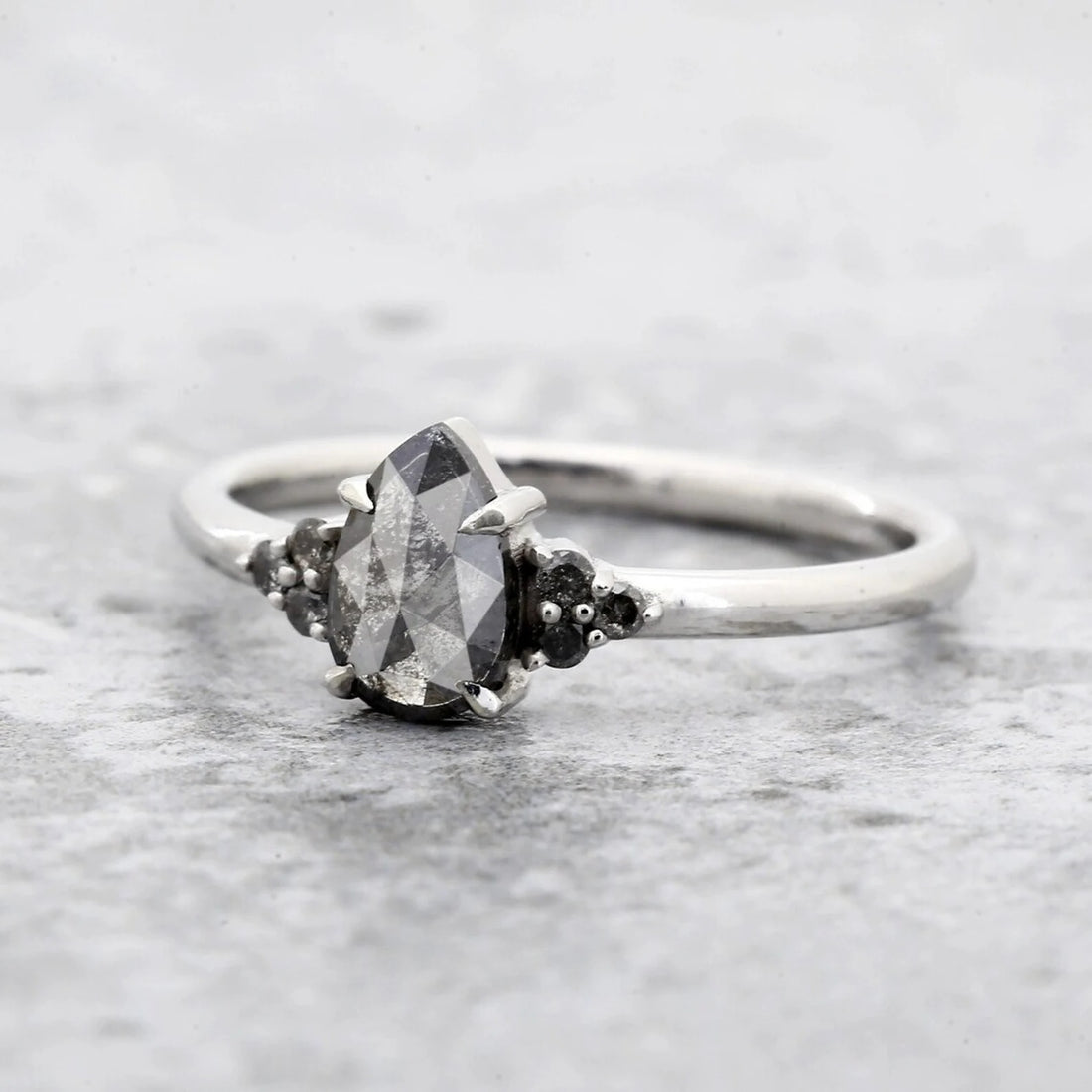 Salt and Pepper Diamond Ring, 14K Gold Engagement Ring, Natural Pear Gray Diamond Ring, Gift for Her