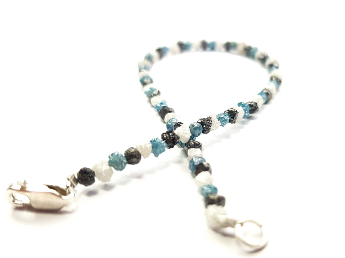 8.08 Ct Natural White Blue and Black Color Rough Loose Diamond Beads 6.50" Bracelet Silver Clasp, Wholesale Conflict Free Raw Diamond