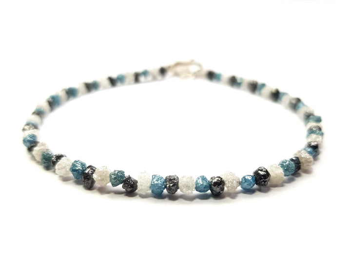 8.08 Ct Natural White Blue and Black Color Rough Loose Diamond Beads 6.50" Bracelet Silver Clasp, Wholesale Conflict Free Raw Diamond