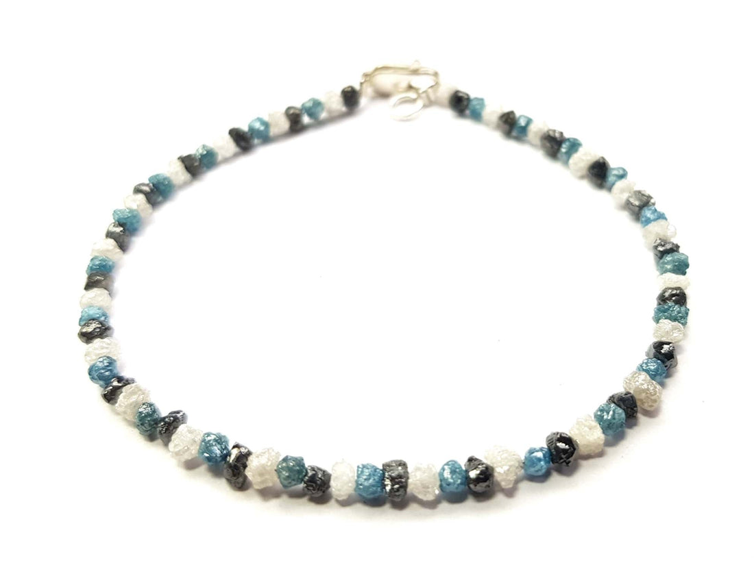 8.08 Ct Natural White Blue and Black Color Rough Loose Diamond Beads 6.50" Bracelet Silver Clasp, Wholesale Conflict Free Raw Diamond
