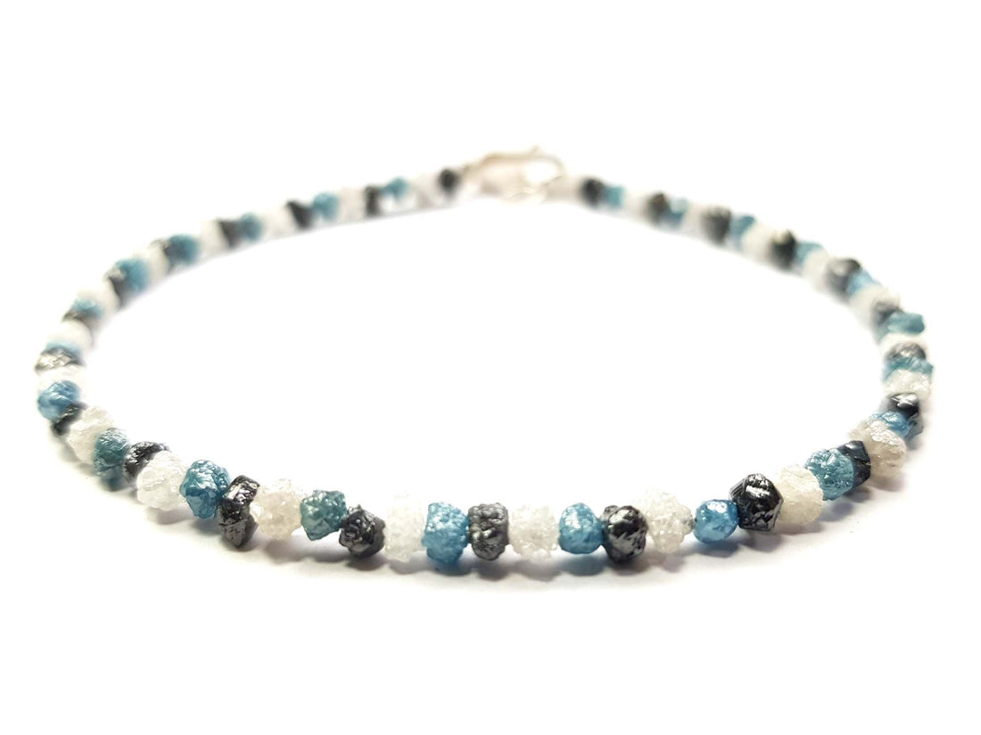 8.08 Ct Natural White Blue and Black Color Rough Loose Diamond Beads 6.50" Bracelet Silver Clasp, Wholesale Conflict Free Raw Diamond