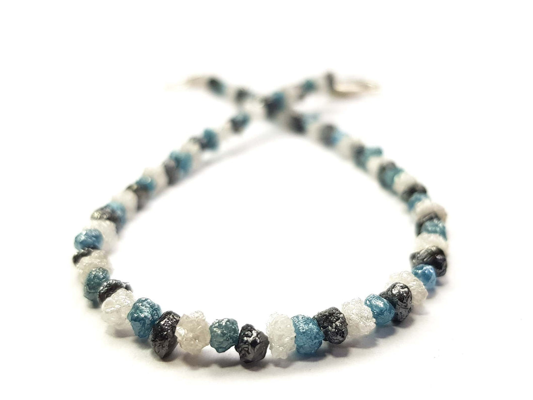 8.08 Ct Natural White Blue and Black Color Rough Loose Diamond Beads 6.50" Bracelet Silver Clasp, Wholesale Conflict Free Raw Diamond