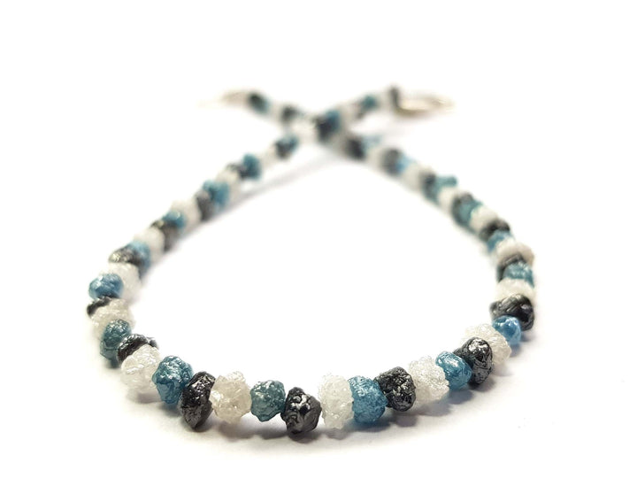 8.08 Ct Natural White Blue and Black Color Rough Loose Diamond Beads 6.50" Bracelet Silver Clasp, Wholesale Conflict Free Raw Diamond