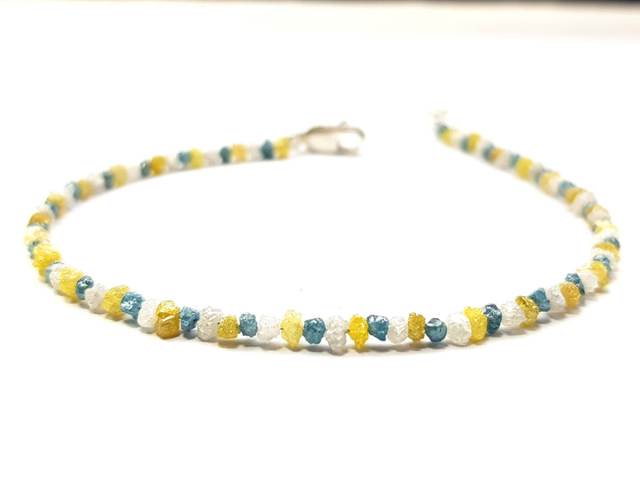 8.05 Ct Natural White Blue and Yellow Color Rough Diamond Beads 6.50" Bracelet wt Silver Clasp