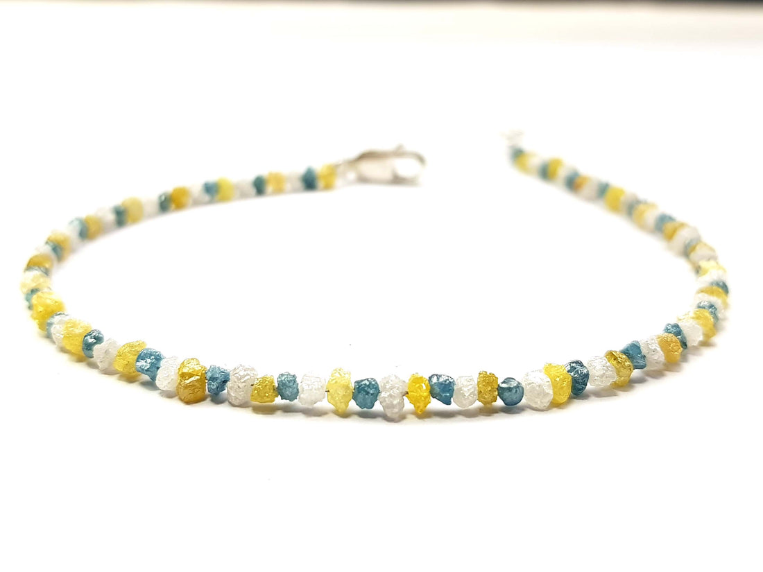 8.05 Ct Natural White Blue and Yellow Color Rough Diamond Beads 6.50" Bracelet wt Silver Clasp