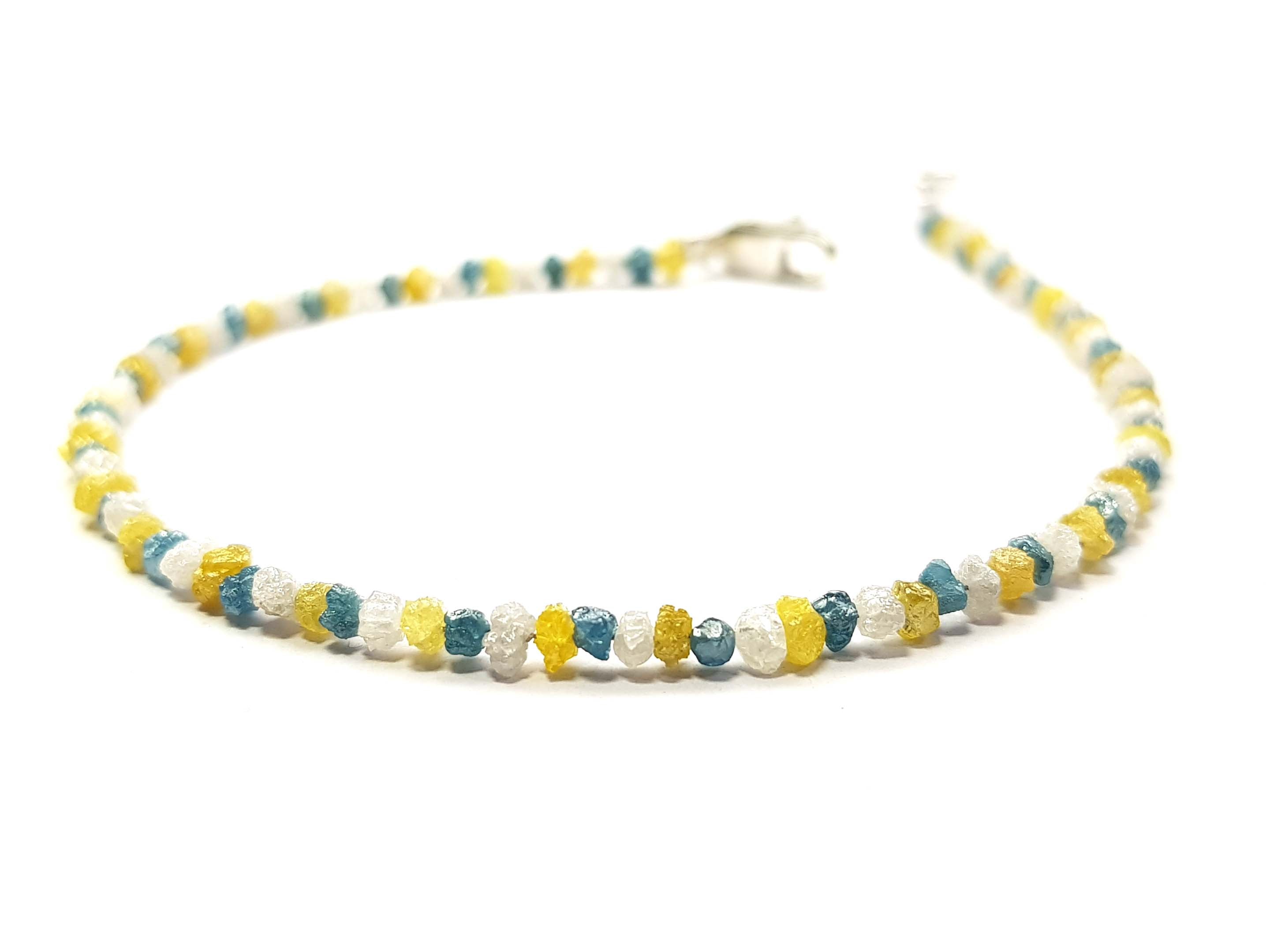 8.05 Ct Natural White Blue and Yellow Color Rough Diamond Beads 6.50" Bracelet wt Silver Clasp