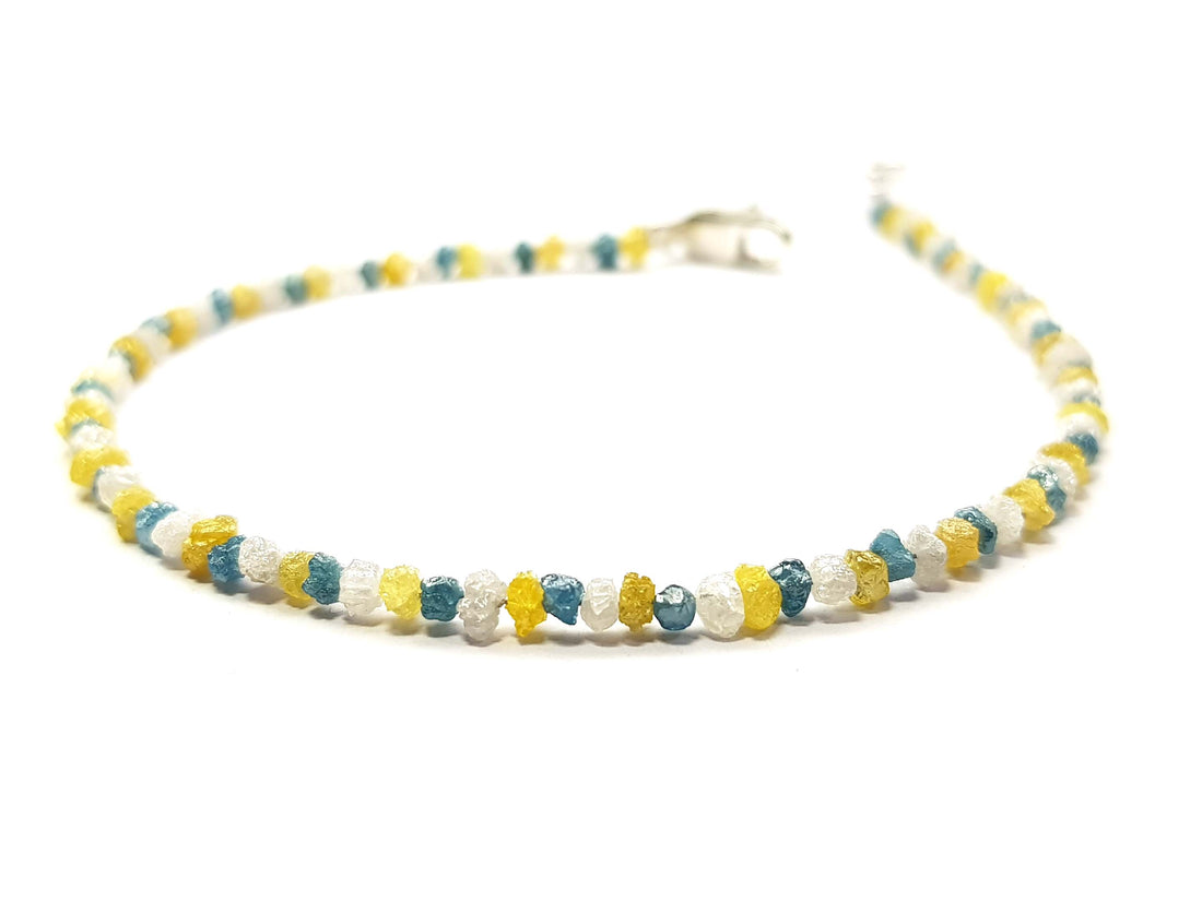 8.05 Ct Natural White Blue and Yellow Color Rough Diamond Beads 6.50" Bracelet wt Silver Clasp