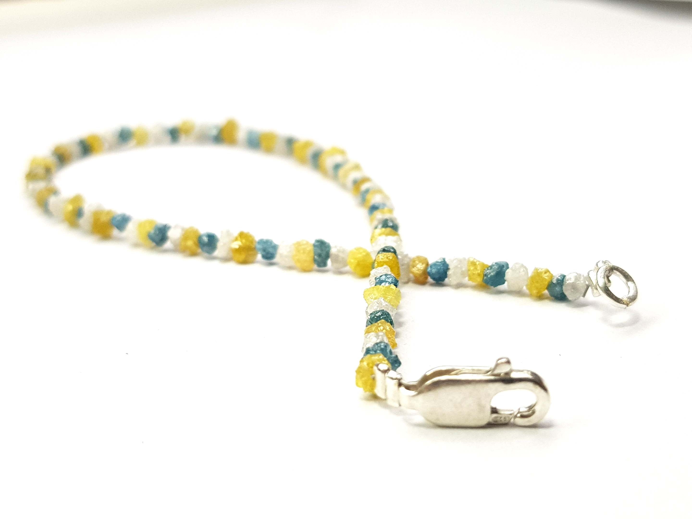 8.05 Ct Natural White Blue and Yellow Color Rough Diamond Beads 6.50" Bracelet wt Silver Clasp
