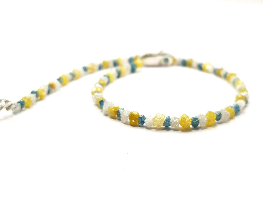 8.05 Ct Natural White Blue and Yellow Color Rough Diamond Beads 6.50" Bracelet wt Silver Clasp