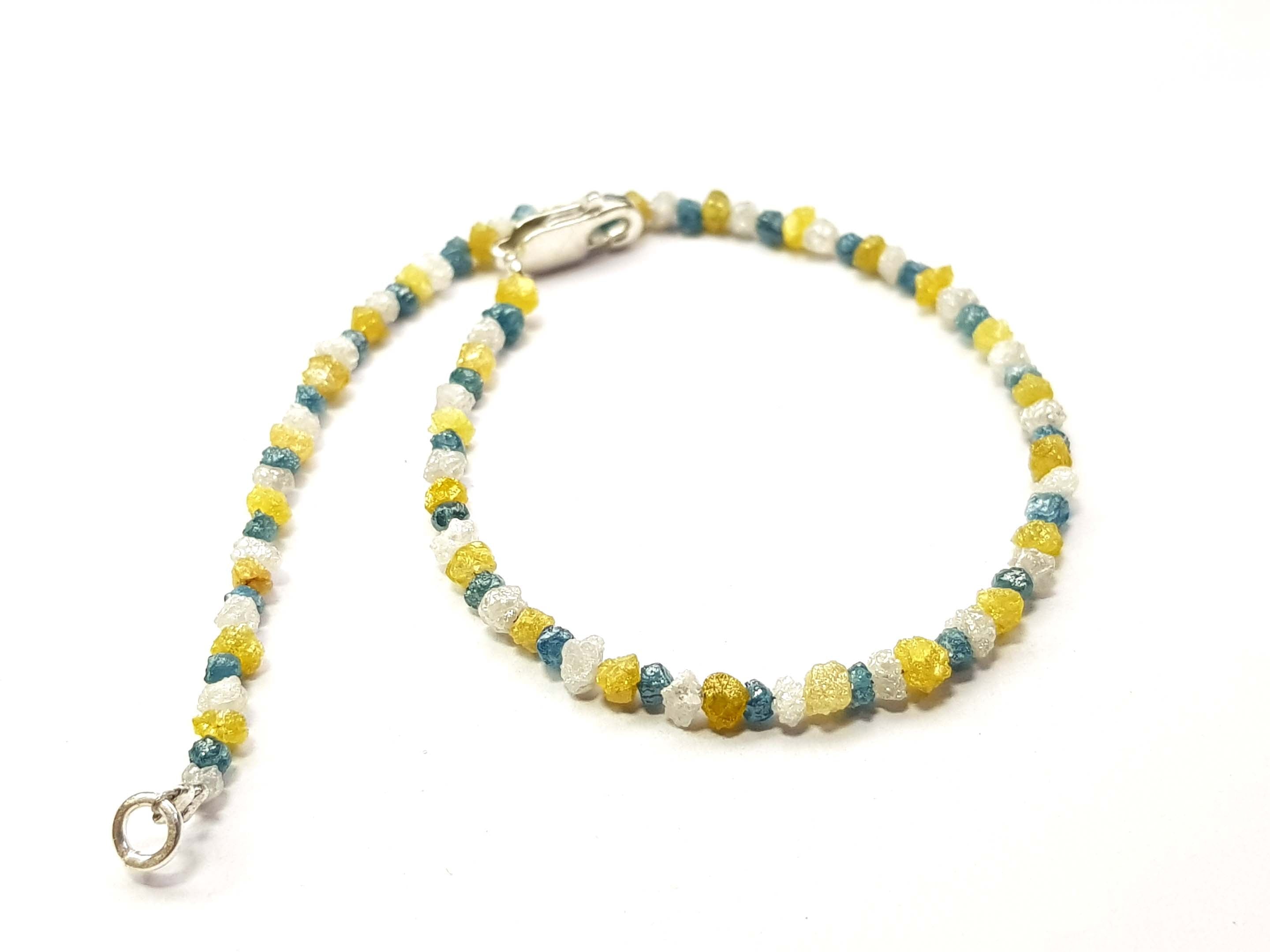 8.05 Ct Natural White Blue and Yellow Color Rough Diamond Beads 6.50" Bracelet wt Silver Clasp