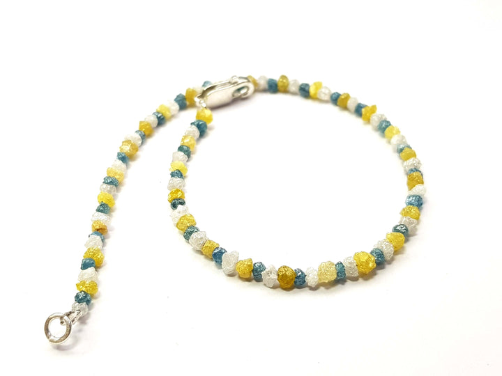 8.05 Ct Natural White Blue and Yellow Color Rough Diamond Beads 6.50" Bracelet wt Silver Clasp