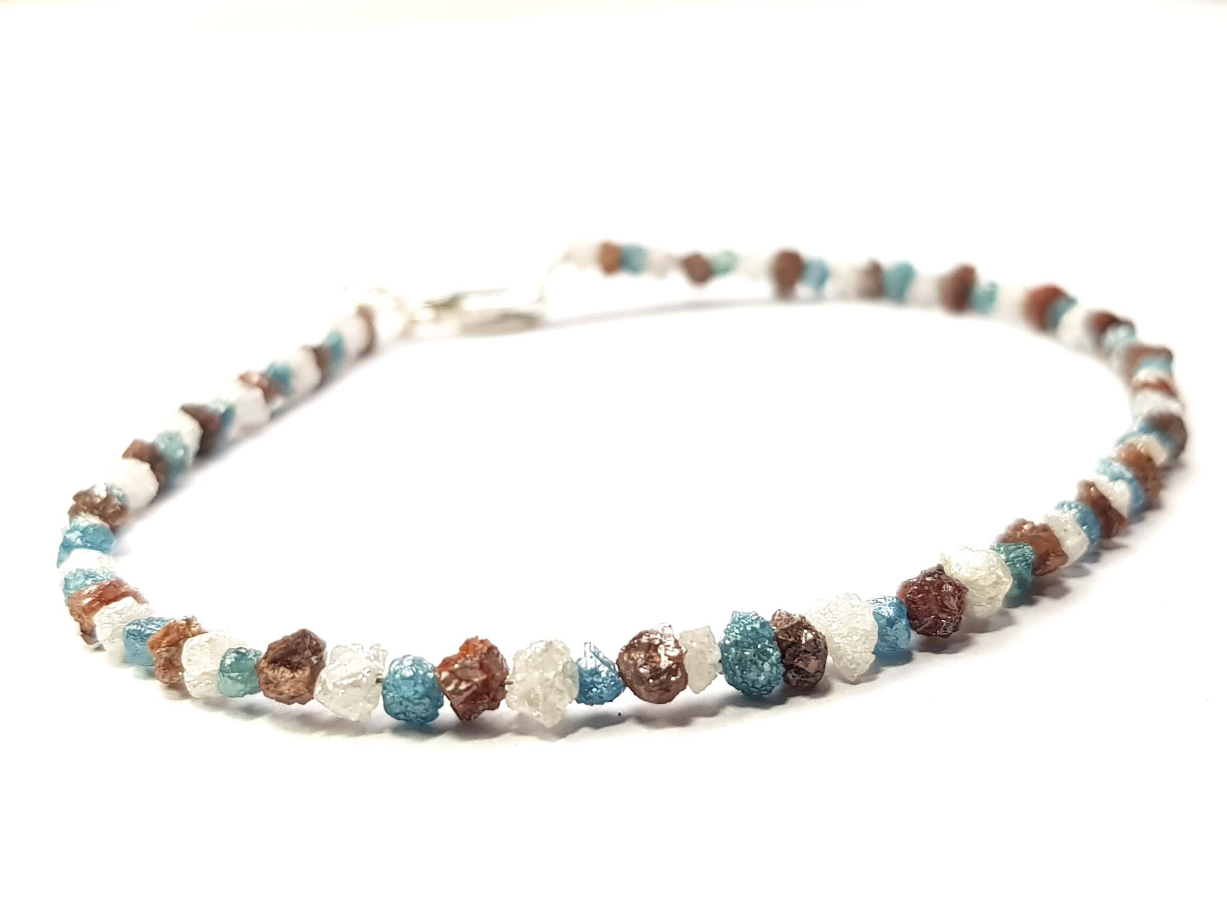 8.06 CT Natural White Blue and Red Color Rough Diamond Beads 6.50" Bracelet / Strand Silver Clasp, Conflict Free Raw Loose Diamond