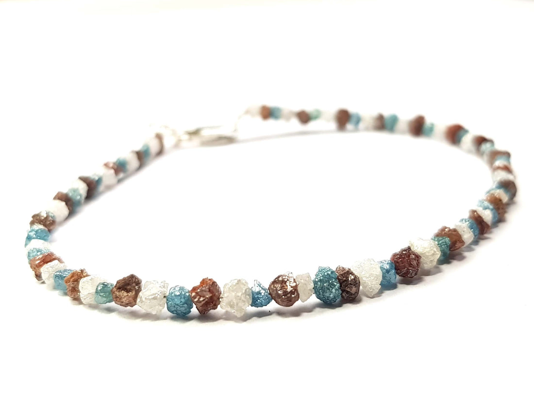 8.06 CT Natural White Blue and Red Color Rough Diamond Beads 6.50" Bracelet / Strand Silver Clasp, Conflict Free Raw Loose Diamond