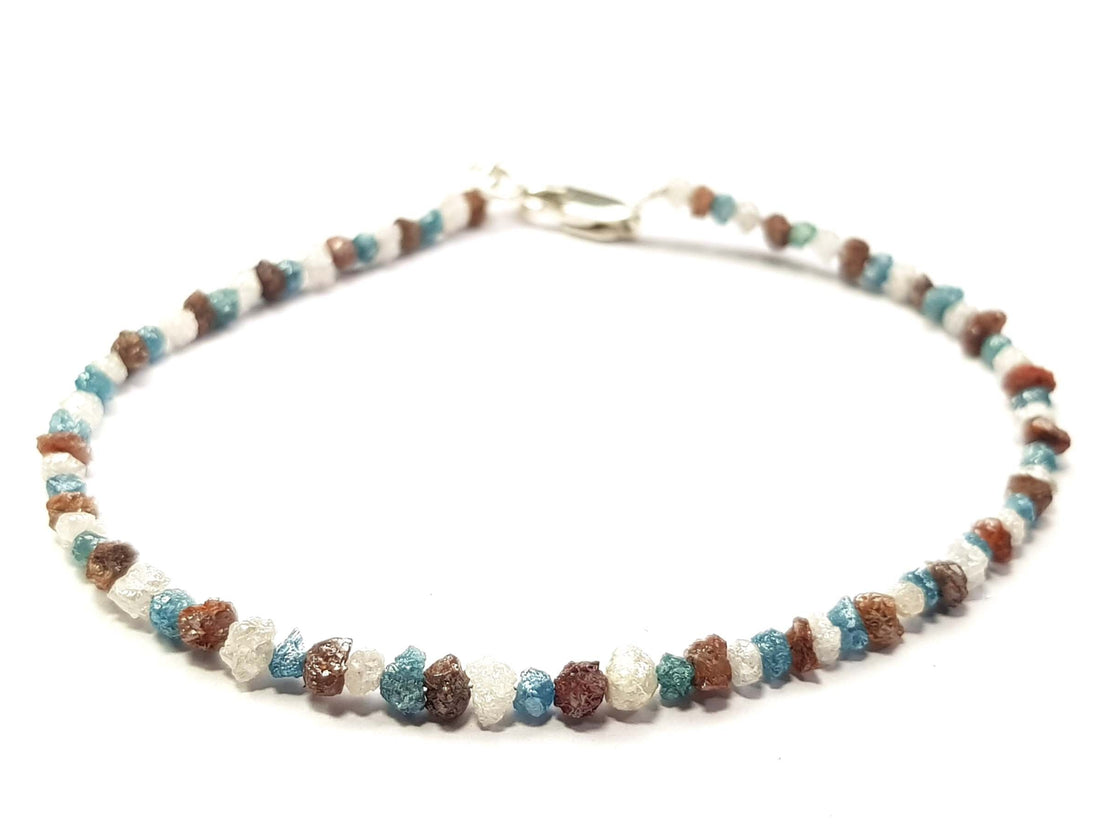 8.06 CT Natural White Blue and Red Color Rough Diamond Beads 6.50" Bracelet / Strand Silver Clasp, Conflict Free Raw Loose Diamond