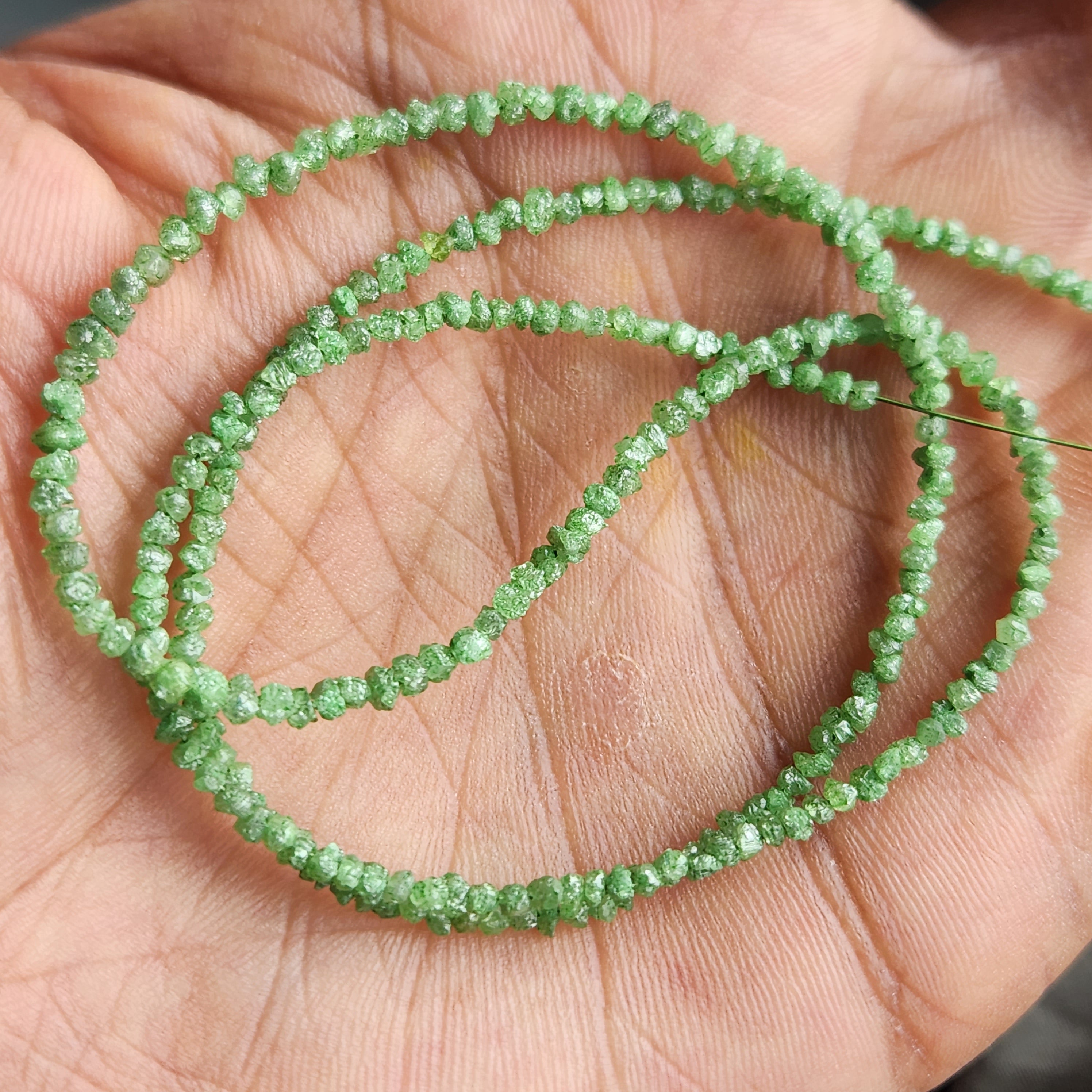 15 ct natural green round rough uncut loose diamond beads 16" strand chain silver clasp
