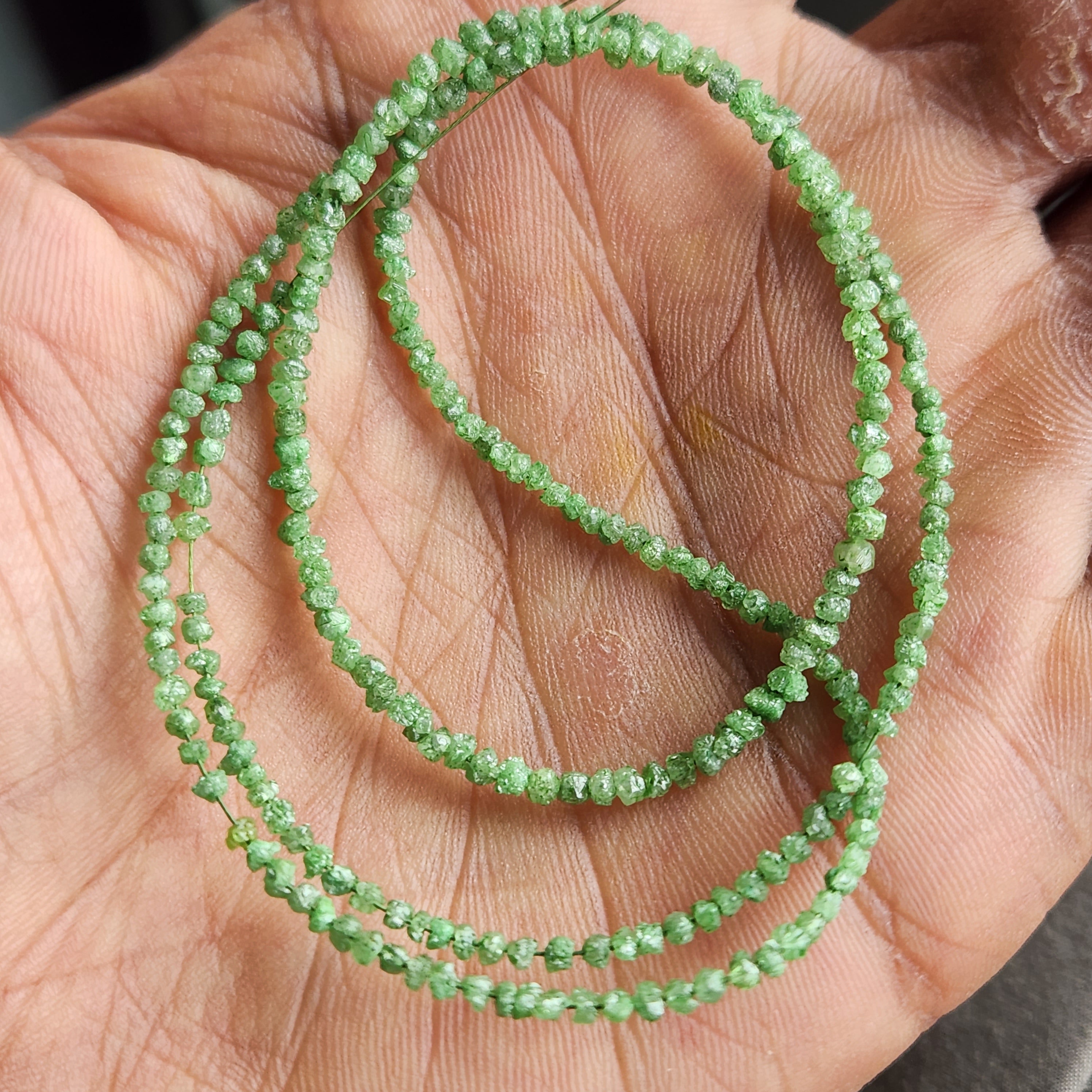 15 ct natural green round rough uncut loose diamond beads 16" strand chain silver clasp