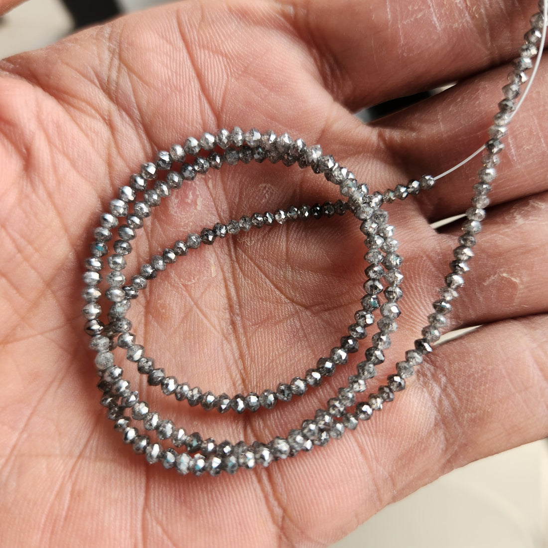 15.00 Ct Salt and Pepper Diamond Beads, Natural Gray Polished Round Loose Diamonds Beads 16" Strand Necklace Chain wt Clasp