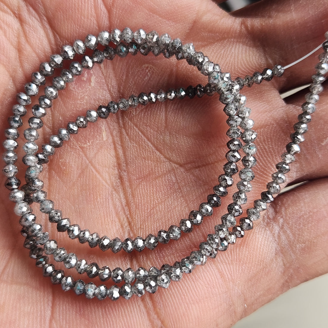15.00 Ct Salt and Pepper Diamond Beads, Natural Gray Polished Round Loose Diamonds Beads 16" Strand Necklace Chain wt Clasp